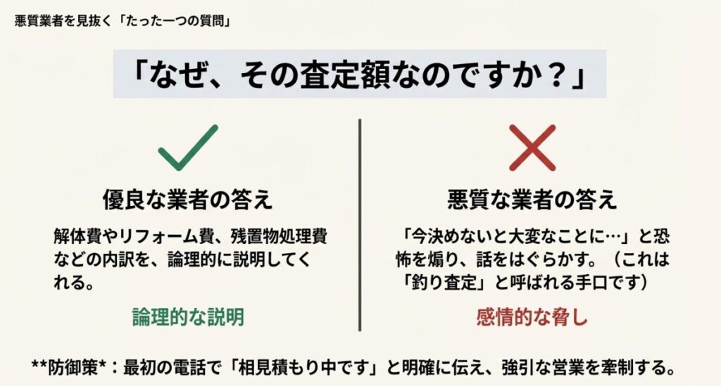 査定額の根拠を論理的に説明できるか、感情的に恐怖を煽るかによる業者判別方法
