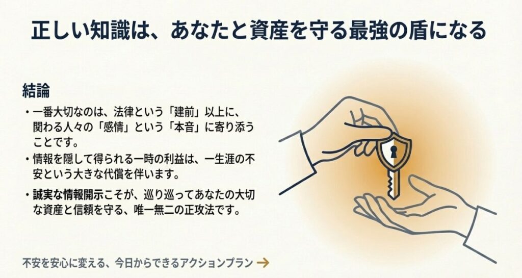 情報を隠さず誠実に開示することが、最終的に大切な資産と信頼を守る唯一の正攻法であるという結論の図 。