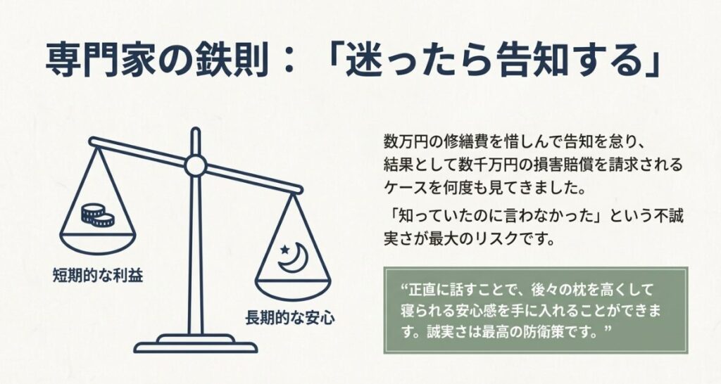 目先の利益よりも長期的な安心を選び、迷ったら告知することの大切さを説いた天秤のイラスト入りスライド