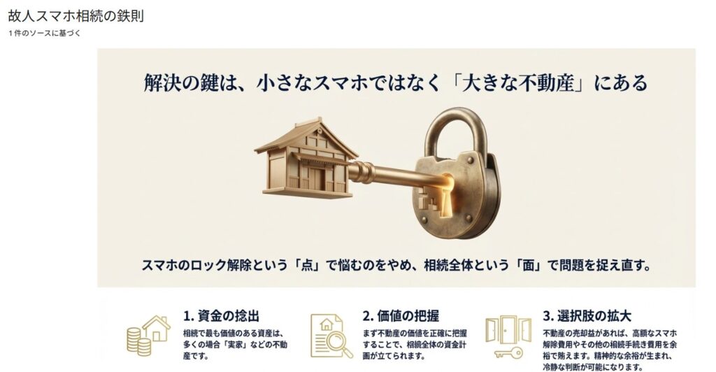 スマホの問題を点ではなく、不動産を含めた相続全体の面で捉える重要性を説くスライド画像。