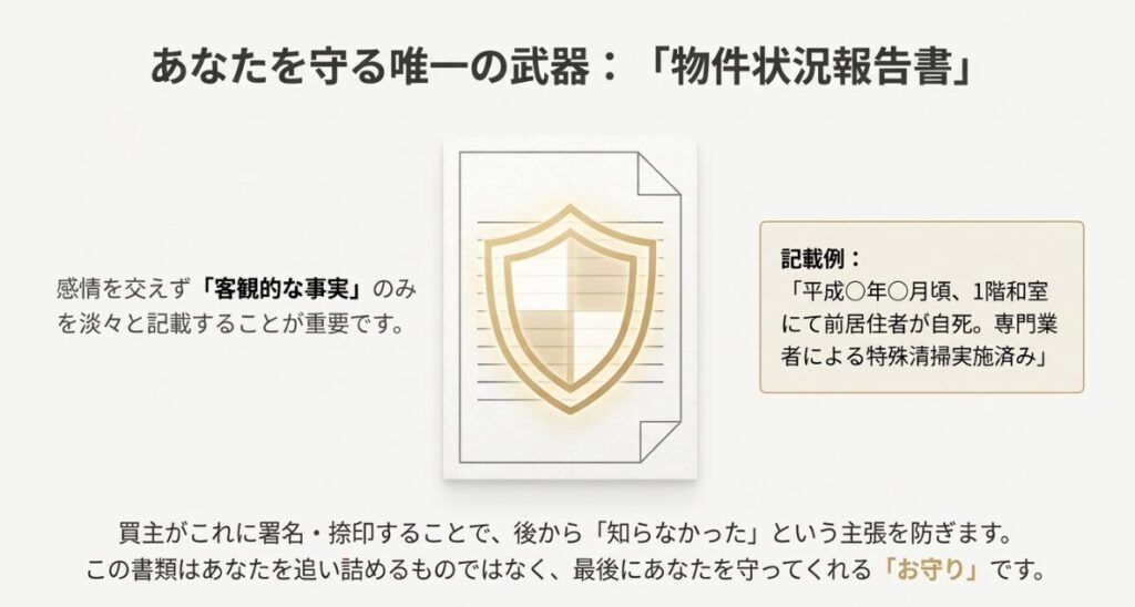 売主を守る武器としての物件状況報告書と、その記載例を示す図。