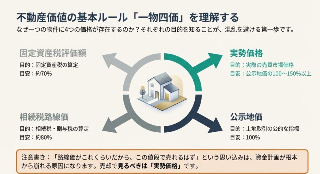 相続税路線価を0.8で割り、固定資産税評価額を0.7で割って実勢価格の目安を出す計算手順の解説。