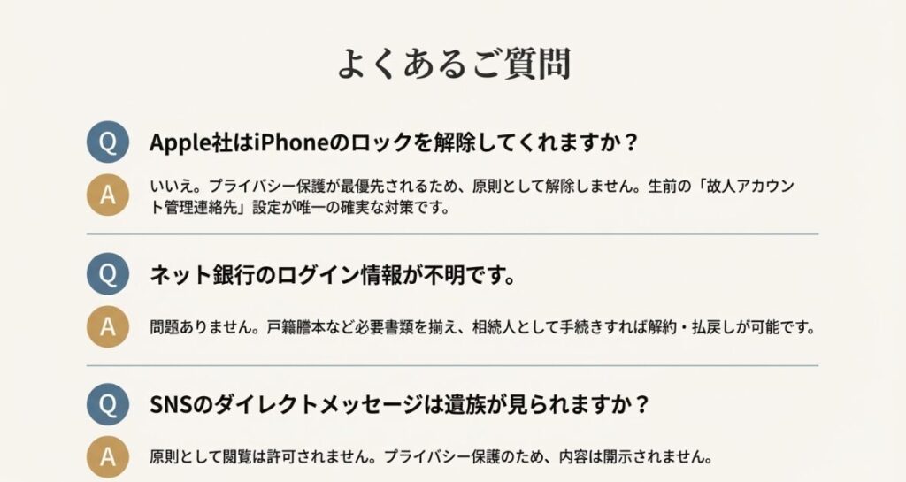 iPhoneのロック解除可否、ネット銀行の情報不明時の対応、SNSのDM閲覧について回答しているスライド。