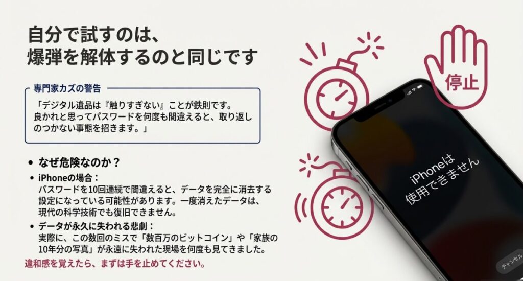 スマートフォンのパスワードロックを安全に解除するプロセスを示したスライド