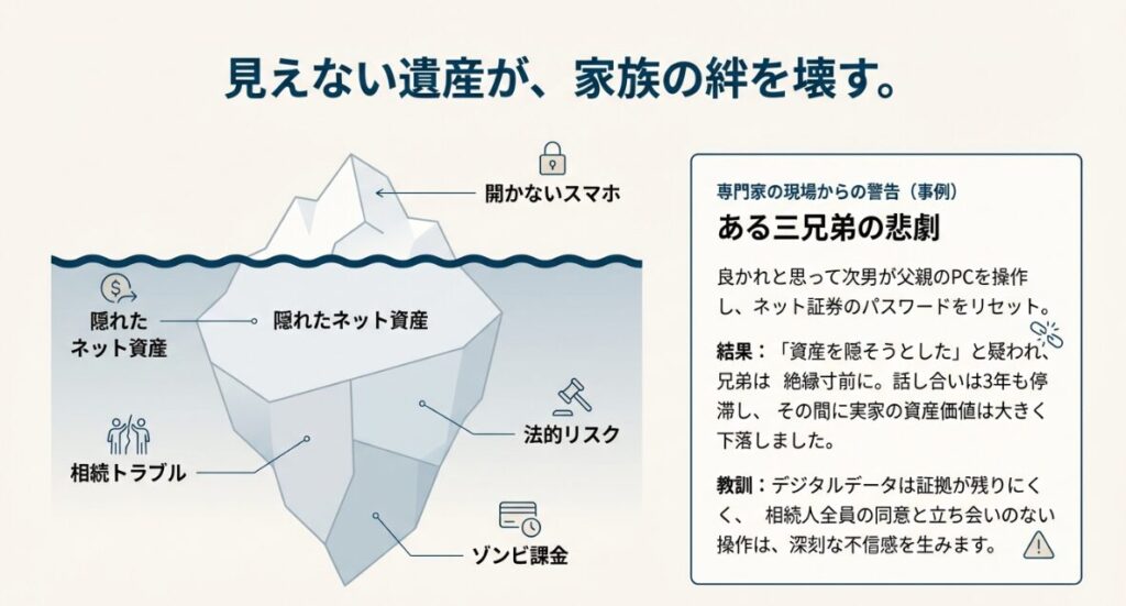 水面上に開かないスマホ、水面下にネット資産や相続トラブルが描かれた氷山のイラスト。