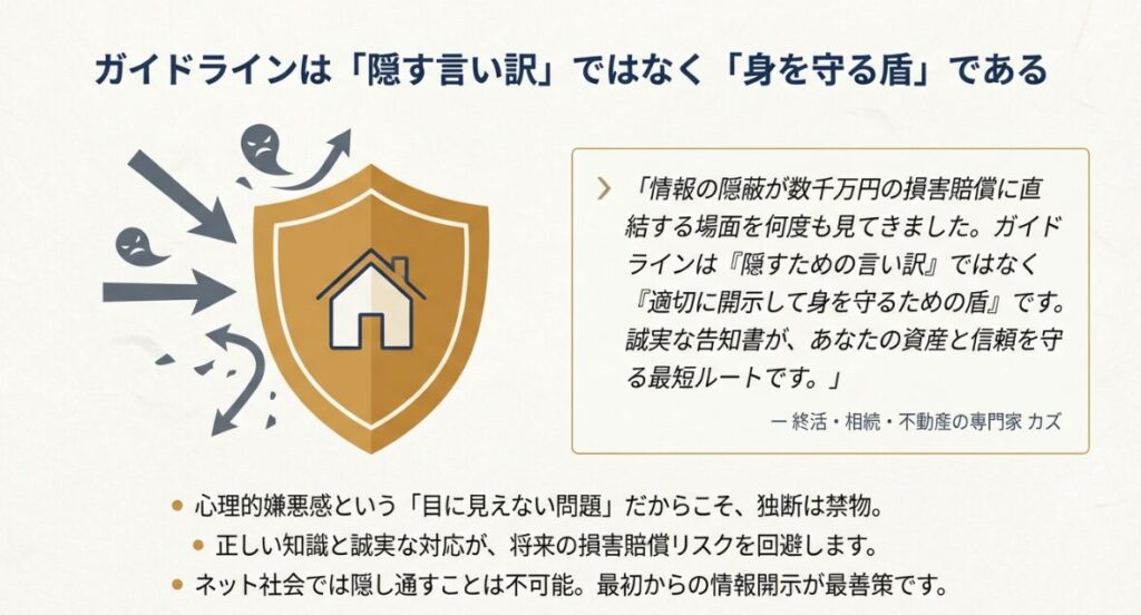 心理的瑕疵の告知は情報の隠蔽ではなく、適切に開示することで将来の損害賠償リスクから身を守る盾になるという専門家の提言 。
