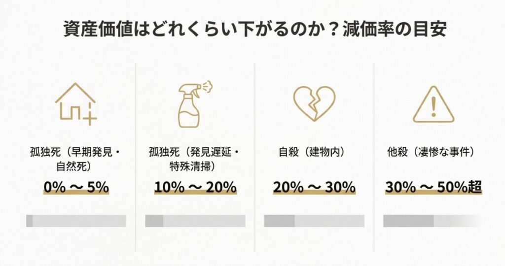孤独死、自殺、他殺などケース別の減価率の目安を示す表。
