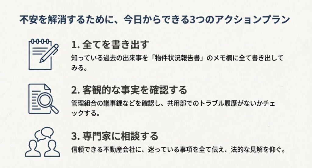物件状況を書き出す、客観的な事実を確認する、専門家に相談するという3つの具体的な行動指針を示したスライド