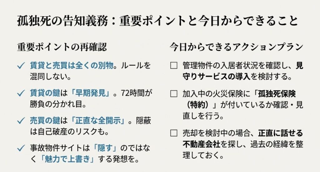 賃貸・売買それぞれの鍵となる対策と具体的な行動リストのまとめ