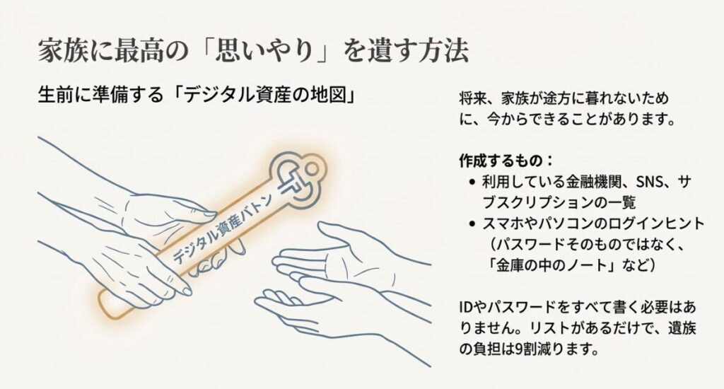 生前に準備するデジタル資産の目録「デジタル資産バトン」の作成内容(金融機関一覧、ログインヒントなど)とその効果を説明するスライド