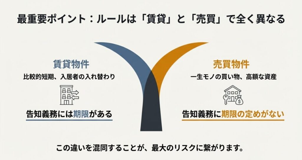 賃貸借契約では事案発生から約3年、売買契約では無期限となる告知義務の期間を示した比較図