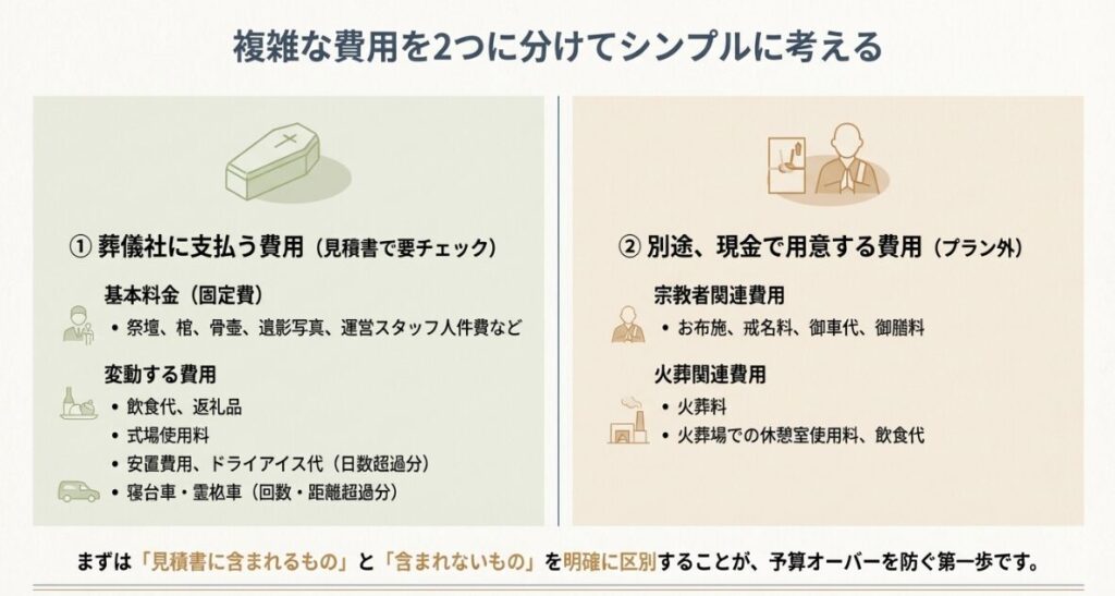葬儀社に支払う費用とお寺や火葬場に直接現金で支払う費用を分類してまとめたリスト