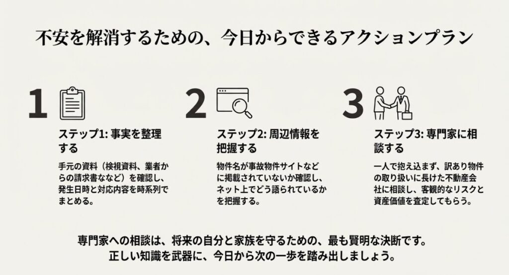 孤独死保険や安否確認サービスの検討、訳あり物件の専門家への相談を促すリスト
