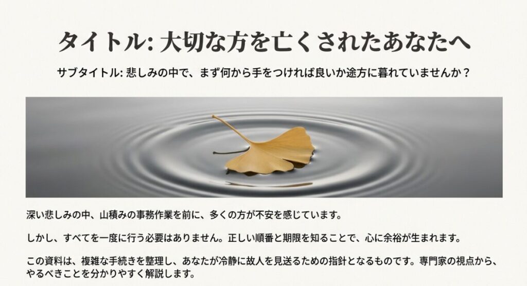 大切な方を亡くされた方へ、死後の手続きの進め方を解説するガイドの表紙画像。