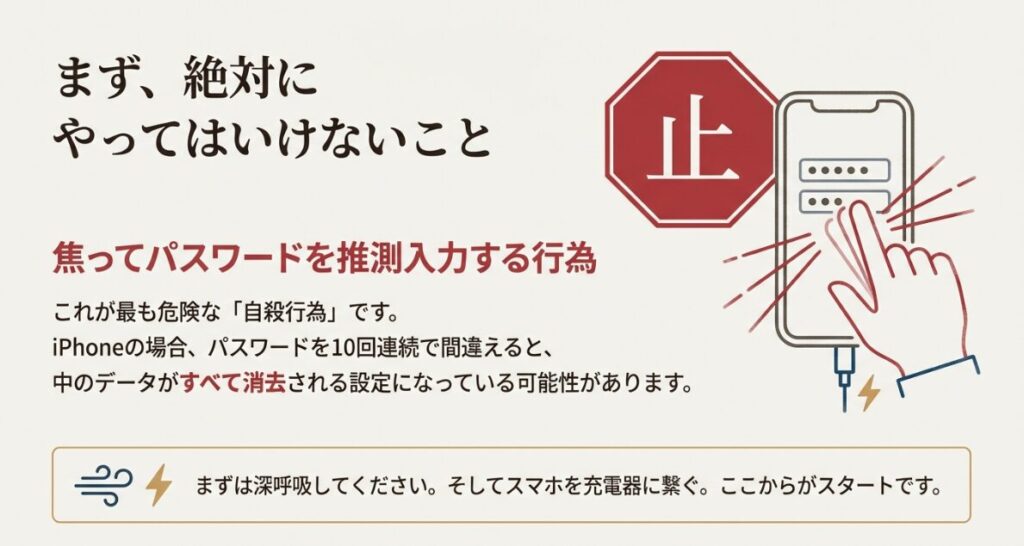 「止」の標識とスマートフォンのパスコード入力画面。推測入力によるロックアウトとデータ初期化のリスクを警告する図解。