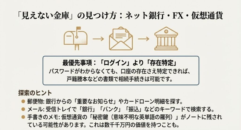 郵便受け、メール、銀行のアイコン。パスワードが不明でも郵便物やメール履歴から「見えない金庫」であるネット銀行口座を特定する手順。
