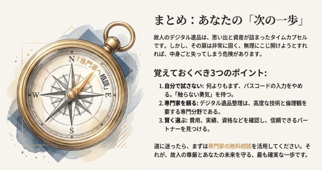 方位磁針のイラスト。自分で試さない、専門家を頼る、賢く選ぶという、遺族が取るべき行動指針のまとめ。