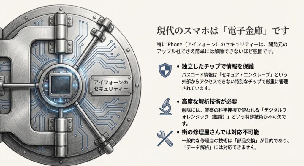 金庫の扉と電子回路のイラスト。iPhoneのセキュリティチップによる強固な保護と、解除にはデジタルフォレンジック技術が必要であることを示す図。