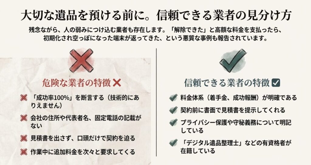 成功率100%を断言するなどの危険な業者の特徴と、料金体系が明確などの信頼できる業者の特徴を対比させたチェックリスト。