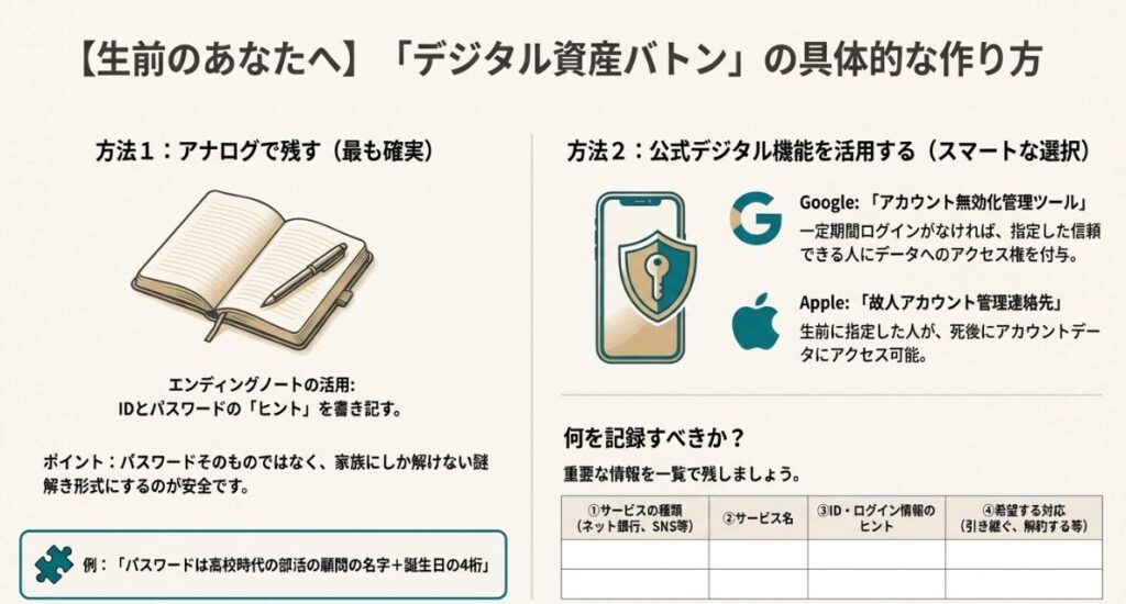 パソコン本体の所有権は引き継げても、クラウド上の利用権は相続できないという法的リスクを鍵のイラストで示した比較図