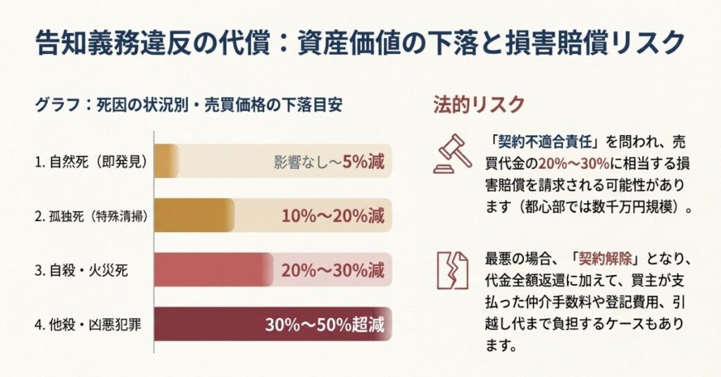 他殺や自殺といった死因別の売買価格下落目安グラフと、契約不適合責任による損害賠償リスクを説明した資料 。