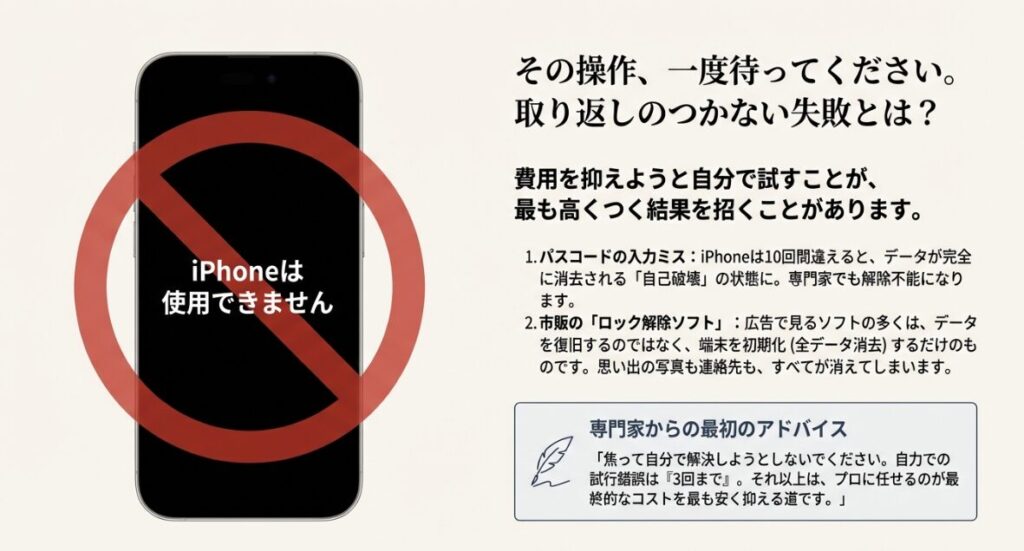 iPhoneのパスコードミスによるデータ消失の注意喚起スライド