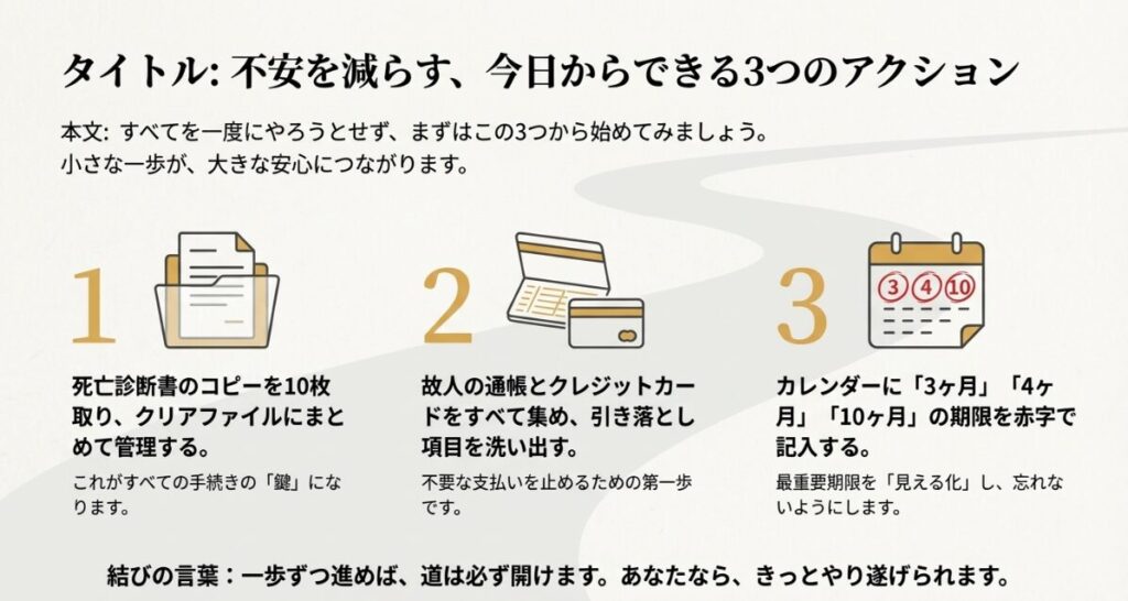 死亡診断書のコピー、通帳等の収集、期限の記入という3つの具体的行動