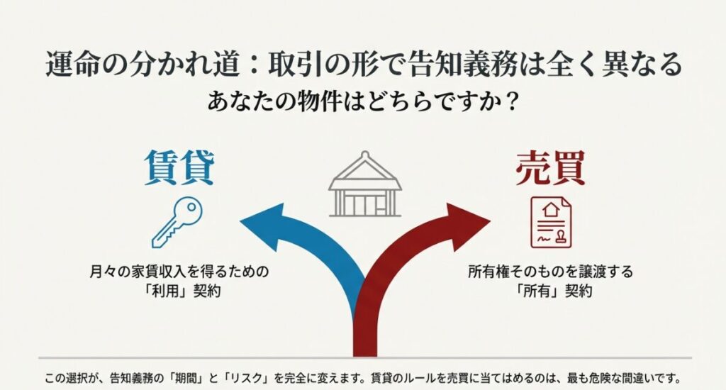 賃貸は利用契約、売買は所有契約であり、告知義務のルールが異なることを示す比較図
