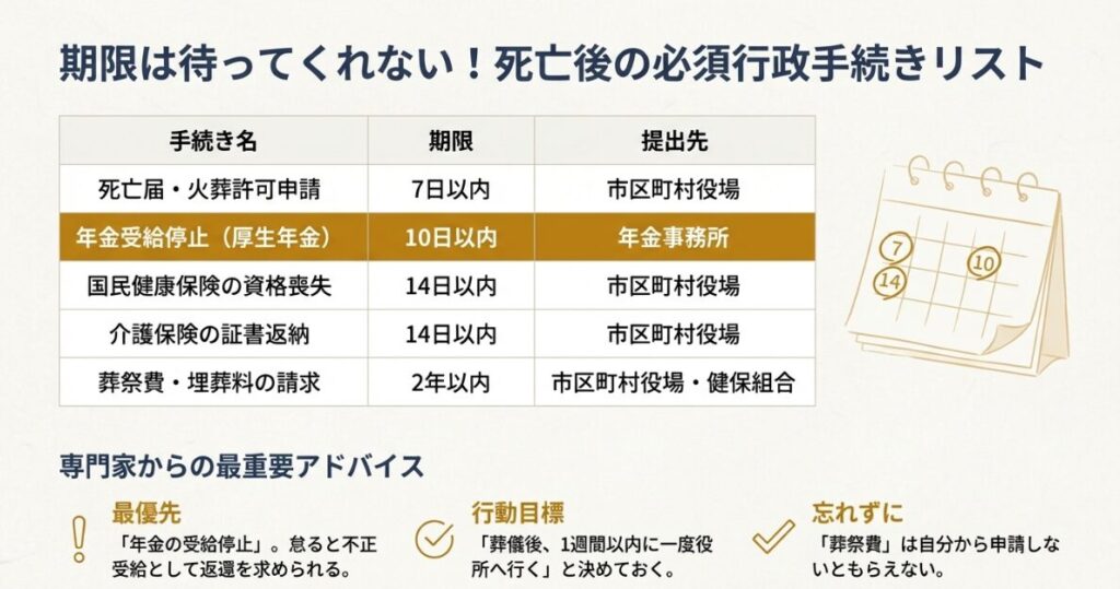死亡届(7日以内)、年金停止(10日以内)、健康保険(14日以内)など、期限が短い手続きを優先順位別にまとめたリスト。