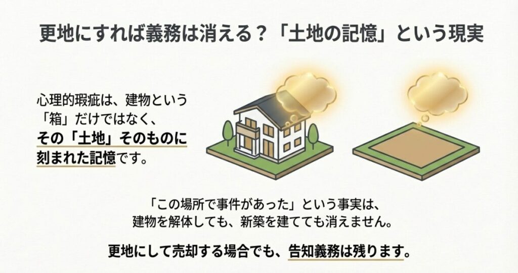 建物を解体しても更地にしても告知義務は残ることを説明するイラスト。