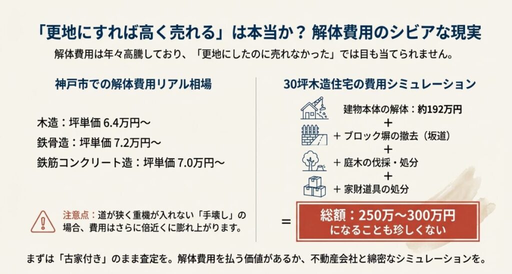 神戸市における木造住宅の解体坪単価と、坂道や手壊しによる追加費用を含めた総額シミュレーション（約250〜300万円）。