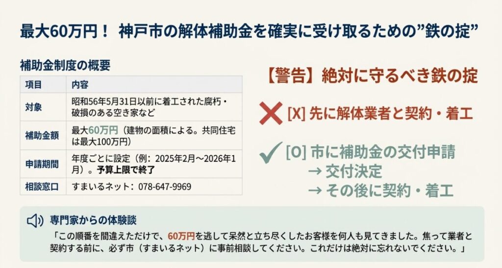 最大60万円が支給される神戸市の解体補助金の概要と、契約前に申請しなければならないという重要な申請順序の注意喚起図。