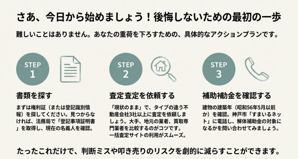 書類確認、現状での査定依頼、補助金確認という、失敗しないための具体的な初動3ステップの図解。