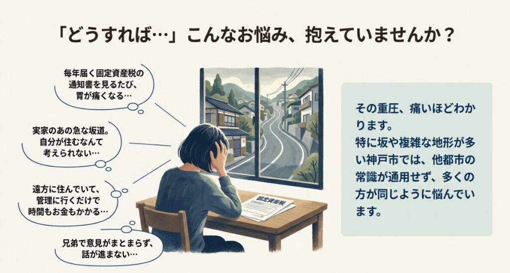 空き家の窓から坂道を見下ろし悩む女性のイラスト。固定資産税の通知書や、遠方管理、兄弟間の意見不一致などの悩みを吹き出しで表現。