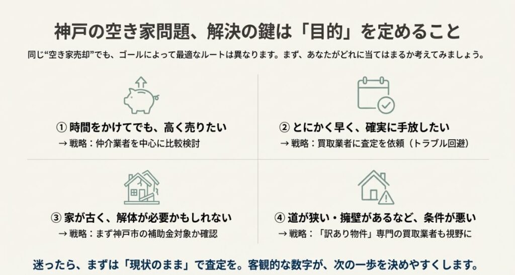 時間をかけて高く売る仲介、早く手放す買取、解体、訳あり物件など、目的別の最適な売却ルートを示したフローチャート図。