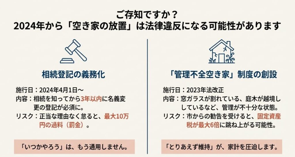 2024年4月開始の相続登記義務化による過料リスクと、管理不全空き家指定による固定資産税増税リスクへの警告図。