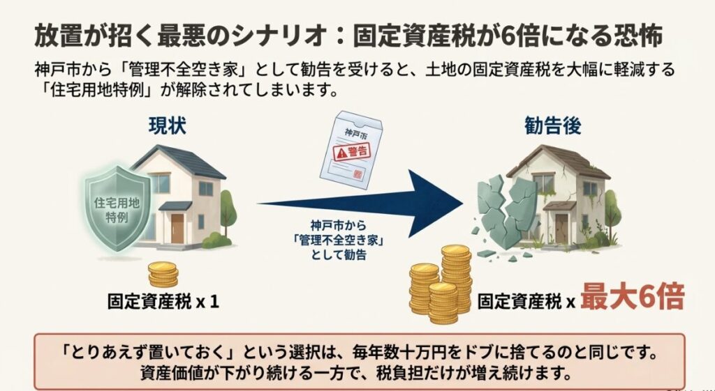 住宅用地特例が解除され、固定資産税が最大6倍に跳ね上がる仕組みを解説した図解。神戸市からの警告・勧告の流れ。