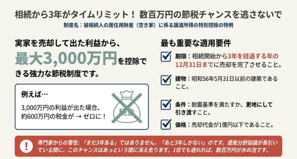 相続した空き家を売却した際の利益から最大3000万円を控除できる特例制度の解説。昭和56年以前の建築、相続から3年以内などの適用要件リスト。