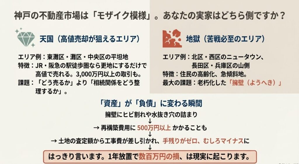 神戸市内の高値売却エリアと苦戦エリアの比較解説。老朽化した擁壁の修繕リスクにより資産価値がマイナスになる事例の図解。
