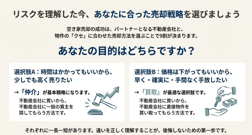 高く売りたい場合の「仲介」と、早く確実に手放したい場合の「買取」のそれぞれのメリットと仕組みを比較したイラスト。
