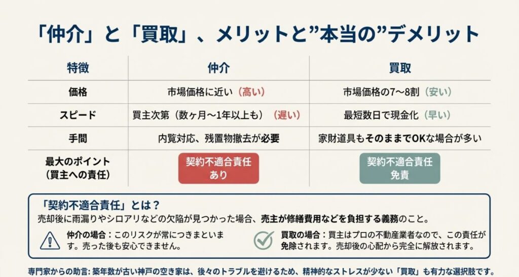 仲介と買取の価格、スピード、手間、契約不適合責任（売却後の補償義務）の有無を比較した一覧表。
