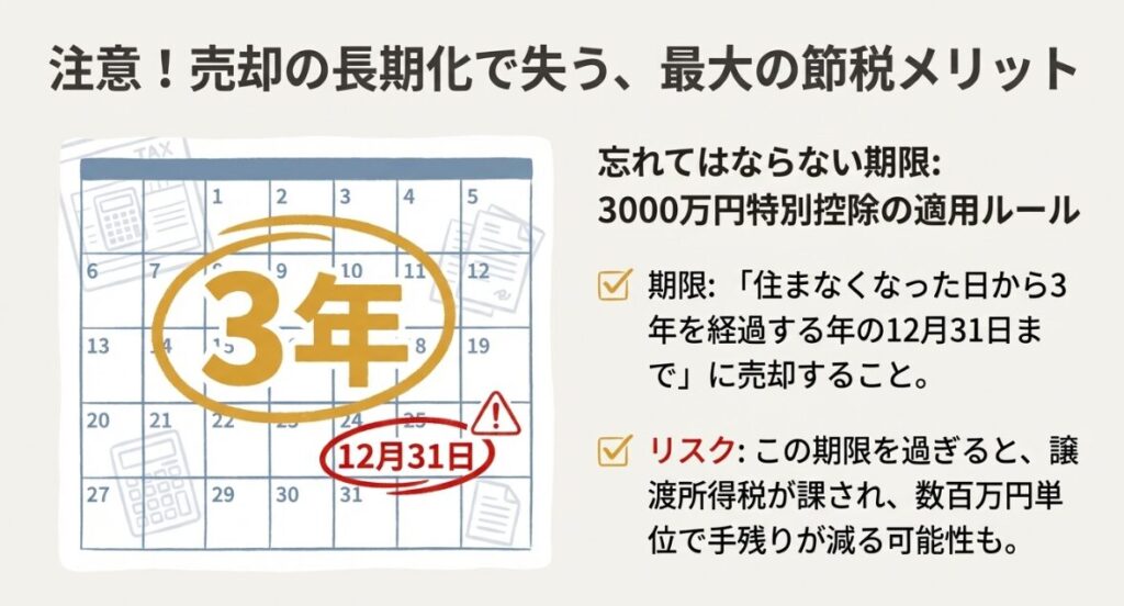 住まなくなった日から3年を経過する年の12月31日までに売却する必要があるという期限ルールと、期限を過ぎた際の増税リスクを説明したカレンダー図解です。