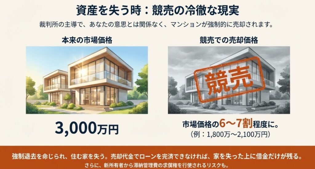 競売での売却価格が市場価格を下回るリスクや、強制退去、借金が残る可能性を説明したイメージ画像