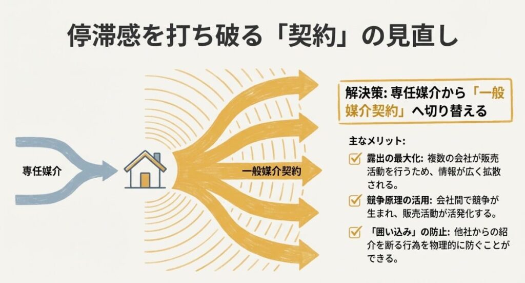 専任媒介から一般媒介に切り替えることで、情報の露出を最大化し、会社間の競争原理を活用して囲い込みを防止するメリットを説明しています。