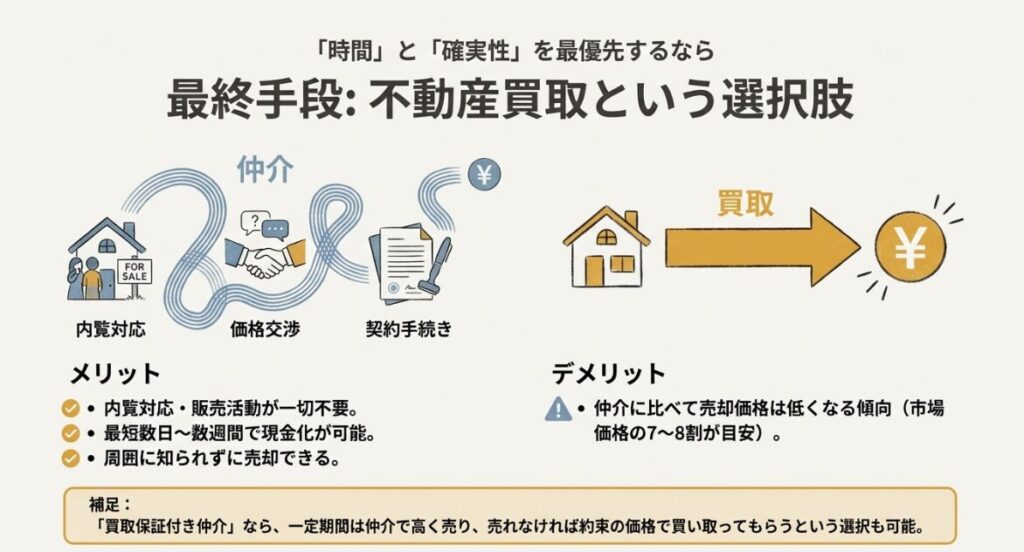 内覧不要で早期現金化が可能な買取と、価格交渉や契約手続きが必要な仲介を比較。買取の価格目安が市場の7〜8割であることも明記されています。