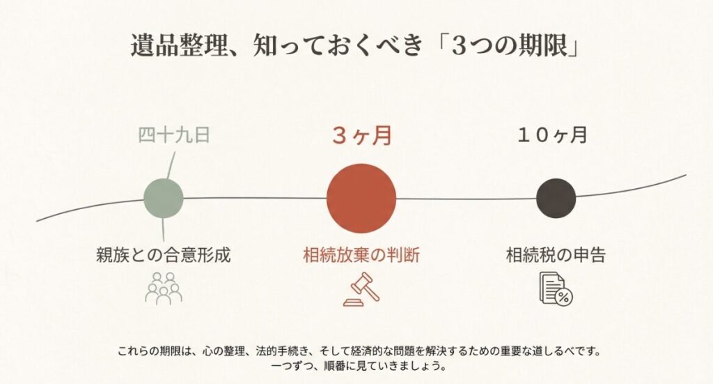 四十九日、3ヶ月、10ヶ月という遺品整理における重要な3つの期限をまとめた時系列の図解