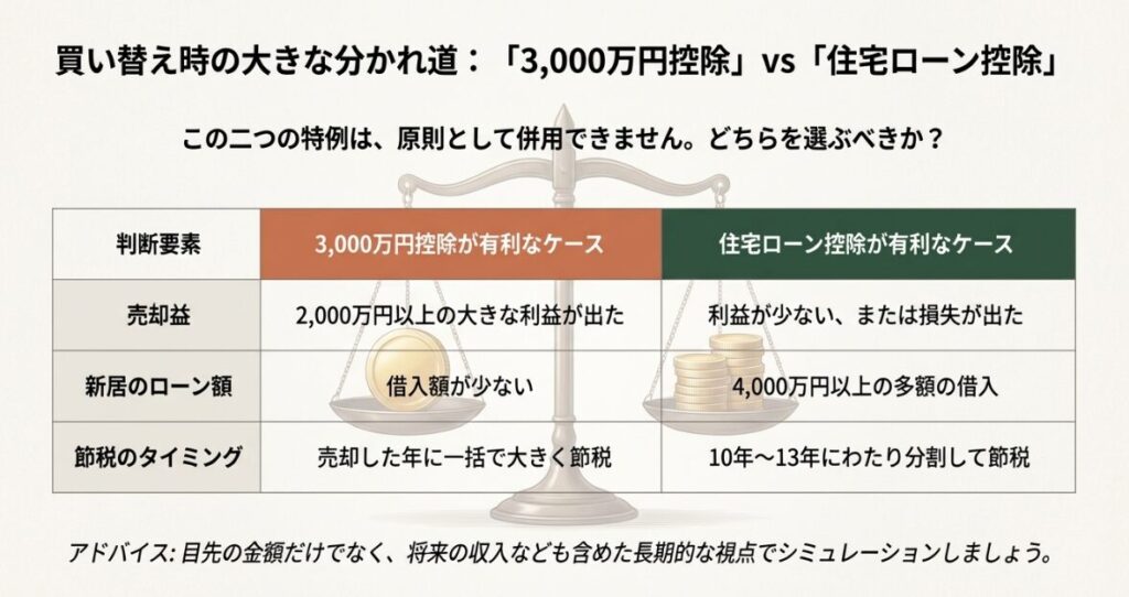 売却益の大きさや新居のローン額に応じて、3000万円控除と住宅ローン控除のどちらが有利かを判断するための比較表です