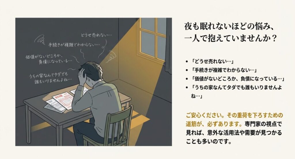 手続きや処分に悩む人のイラストと心の声