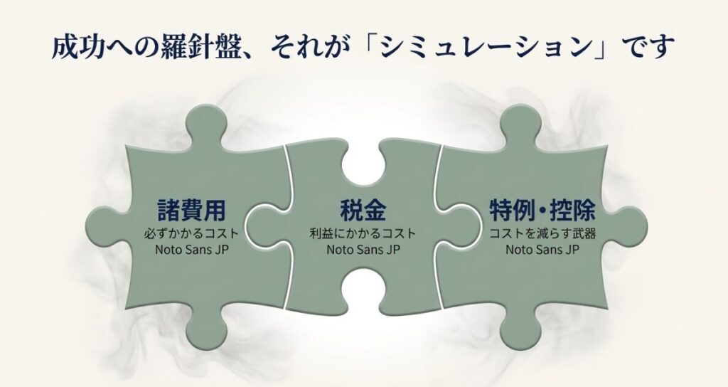 諸費用、税金、特例・控除の3つをパズルのピースに見立て、これらを組み合わせることが売却成功の羅針盤になると示す概念図