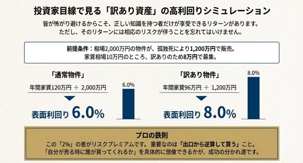 相場2000万円の物件が孤独死で1200万円になった場合の表面利回り比較図